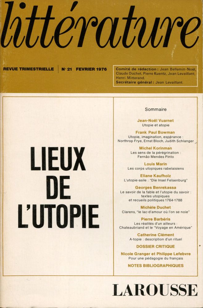 Littérature n° 21  Lieux de l'utopie  REVUE  Fiche livre  Critiques